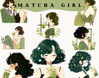 Cute Matcha Girl digital stickers, Cozy Green Drink clipart journaling, cozy homey png, whimsical sticker, transparent, scrapbooking, anime