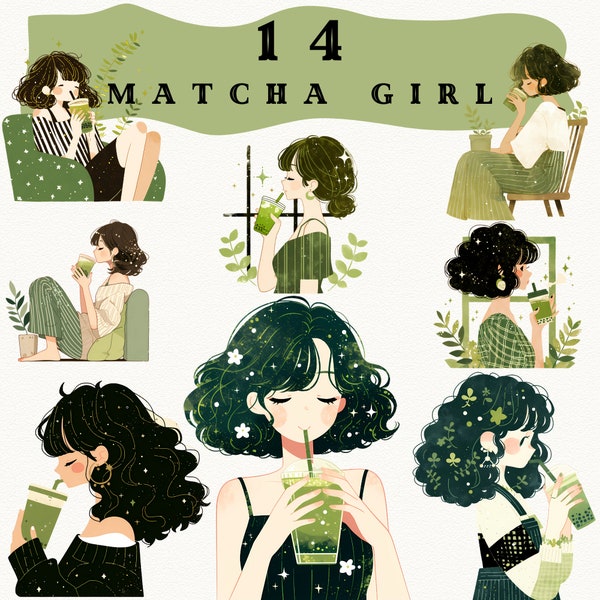 Cute Matcha Girl digital stickers, Cozy Green Drink clipart journaling, cozy homey png, whimsical sticker, transparent, scrapbooking, anime