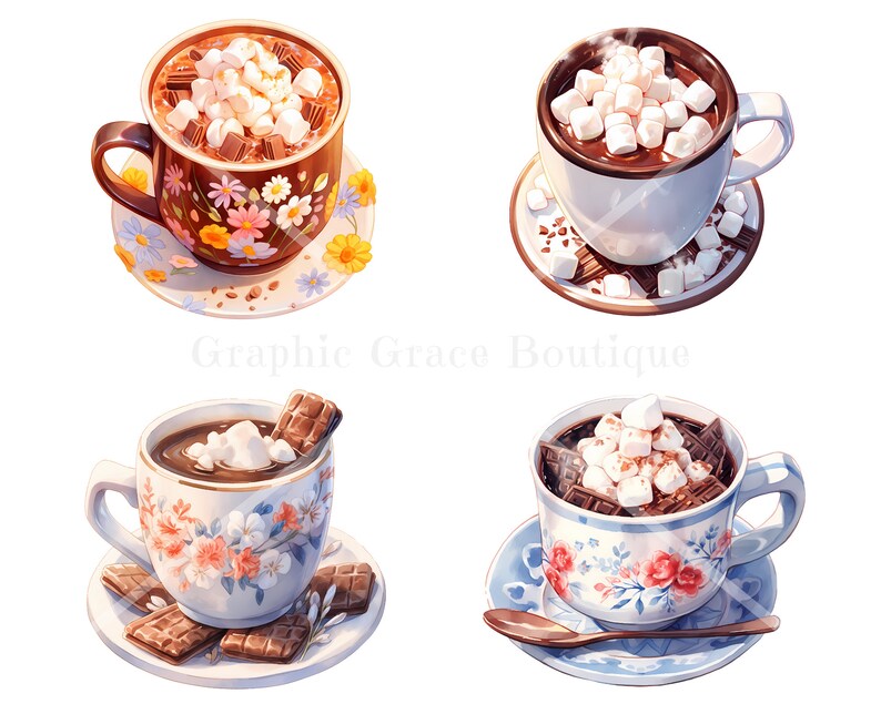 May include: Four mugs of hot chocolate with marshmallows and chocolate pieces on top. Each mug has a different floral pattern and is sitting on a saucer.