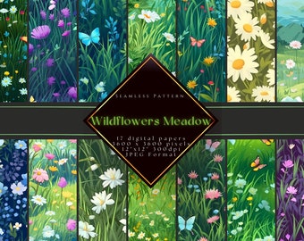 Wildflower Meadow Watercolor Digital Paper: Seamless Floral Patterns ...