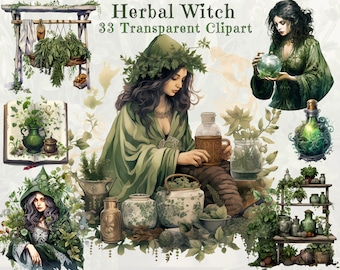 Herbal Witchcraft Watercolor Clipart Bundle - SVG and PNG Green Witches & Herbal Art, Medicinal Plants - Instant Download for Commercial Use
