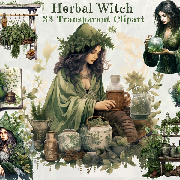 Herbal Witchcraft Watercolor Clipart Bundle - SVG and PNG Green Witches & Herbal Art, Medicinal Plants - Instant Download for Commercial Use