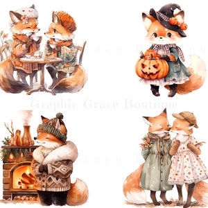 May include: Four watercolor illustrations of foxes in various autumnal settings. The first shows two foxes sitting at a table with teacups and a teapot. The second shows a fox wearing a witch's hat and holding a jack-o'-lantern. The third shows a fox wearing a knitted hat and scarf standing near a fireplace. The fourth shows two foxes standing together, one wearing a green dress and the other wearing a pink dress.