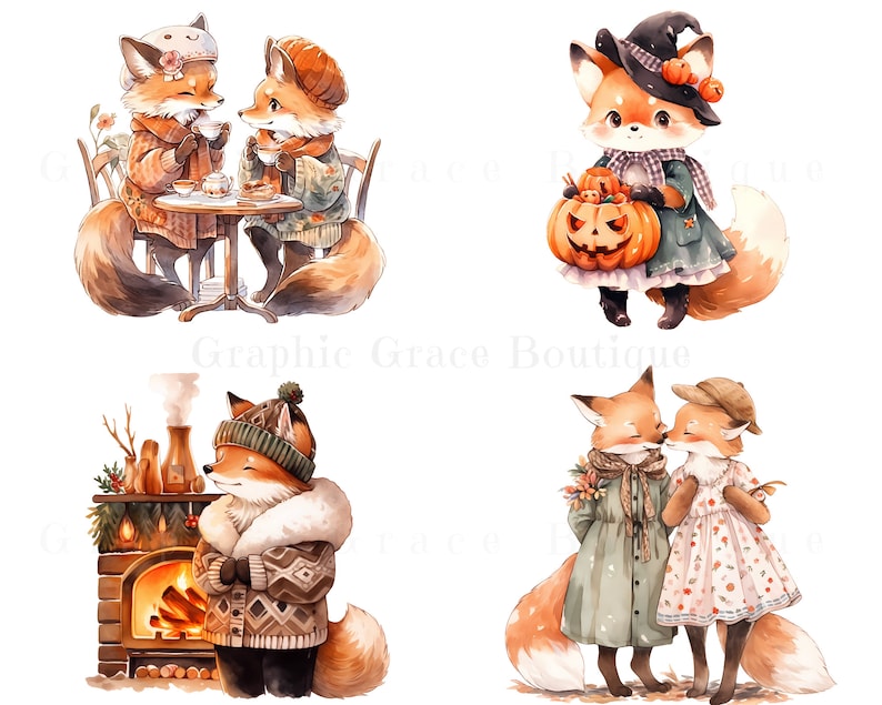 May include: Four watercolor illustrations of foxes in various autumnal settings. The first shows two foxes sitting at a table with teacups and a teapot. The second shows a fox wearing a witch's hat and holding a jack-o'-lantern. The third shows a fox wearing a knitted hat and scarf standing near a fireplace. The fourth shows two foxes standing together, one wearing a green dress and the other wearing a pink dress.