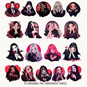 May include: Set of 18 digital illustrations featuring various women with dark hair, red lips, and gothic-inspired attire. Each illustration is set against a red background with hearts and a window frame.