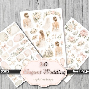 Puede incluir: Un conjunto de hojas para imprimir y cortar con tem&aacute;tica de boda elegante. Las hojas presentan ilustraciones de acuarela de novias, arreglos florales, lazos y marcos. El texto de la imagen dice "20 Elegant Wedding" y "Print & Cut Sheets".