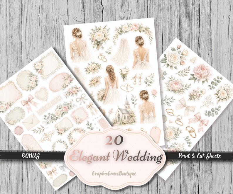 Puede incluir: Un conjunto de hojas para imprimir y cortar con tem&aacute;tica de boda elegante. Las hojas presentan ilustraciones de acuarela de novias, arreglos florales, lazos y marcos. El texto de la imagen dice "20 Elegant Wedding" y "Print & Cut Sheets".