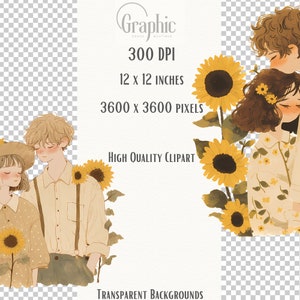 May include: A digital illustration of two people standing in a field of sunflowers. The people are drawn in a cartoon style and are wearing casual clothing. The sunflowers are yellow with brown centers and green leaves. The background is a light blue.