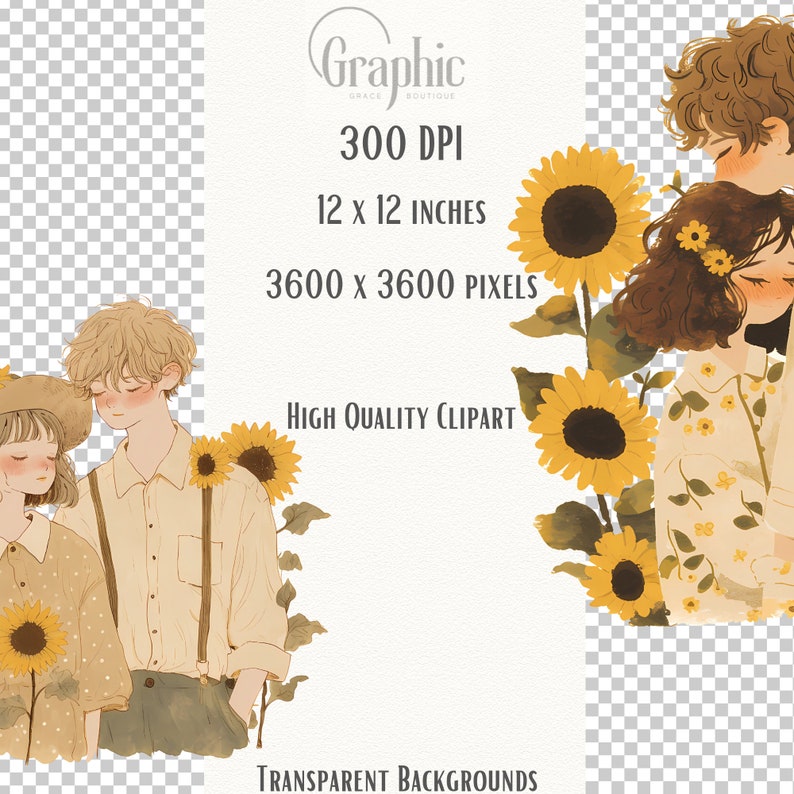 May include: A digital illustration of two people standing in a field of sunflowers. The people are drawn in a cartoon style and are wearing casual clothing. The sunflowers are yellow with brown centers and green leaves. The background is a light blue.