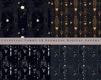 Celestial Tarot Digital Paper Pack, Arcane Seamless Patterns, Moon Occult Scrapbook Backgrounds, JPG Download