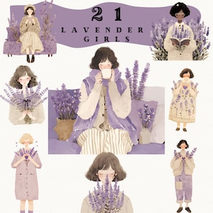 Lavender Girls Acuarela pegatinas digitales, Adorable Girls clipart, diario, lavanda vintage png, floral acogedor, transparente, scrapbooking