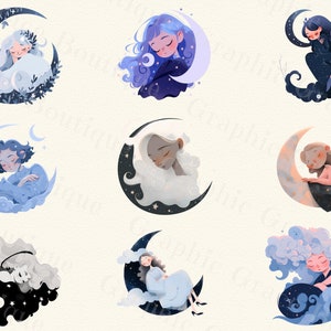 May include: A set of ten digital illustrations featuring girls sleeping on crescent moons. Each illustration features a different color scheme and design, with some girls wearing pajamas and others wearing dresses. The illustrations are perfect for use in digital scrapbooking, card making, and other creative projects.