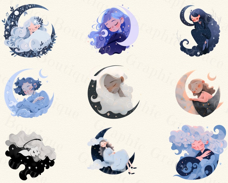 May include: A set of ten digital illustrations featuring girls sleeping on crescent moons. Each illustration features a different color scheme and design, with some girls wearing pajamas and others wearing dresses. The illustrations are perfect for use in digital scrapbooking, card making, and other creative projects.