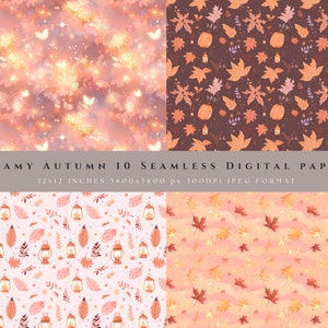 Puede incluir: Un conjunto de 10 papeles digitales con patrones de temática otoñal. Los patrones incluyen luces brillantes, mariposas, hojas, calabazas y linternas. Los papeles miden 30,5 x 30,5 cm y 300 DPI.