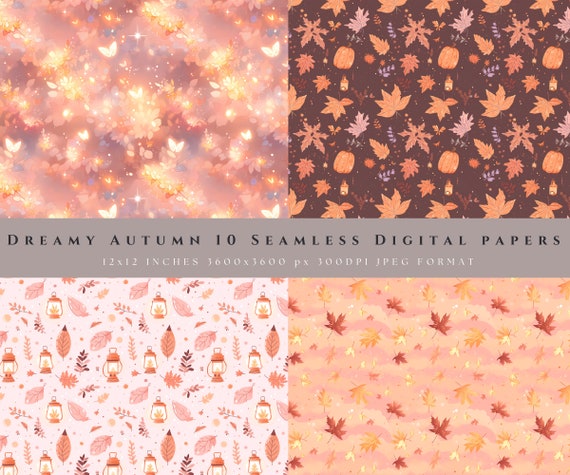 Autumn Digital Paper Pack, Seamless Fall Patterns, Pumpkins Leaves Sparkles, Cozy Scrapbook Paper JPG Download