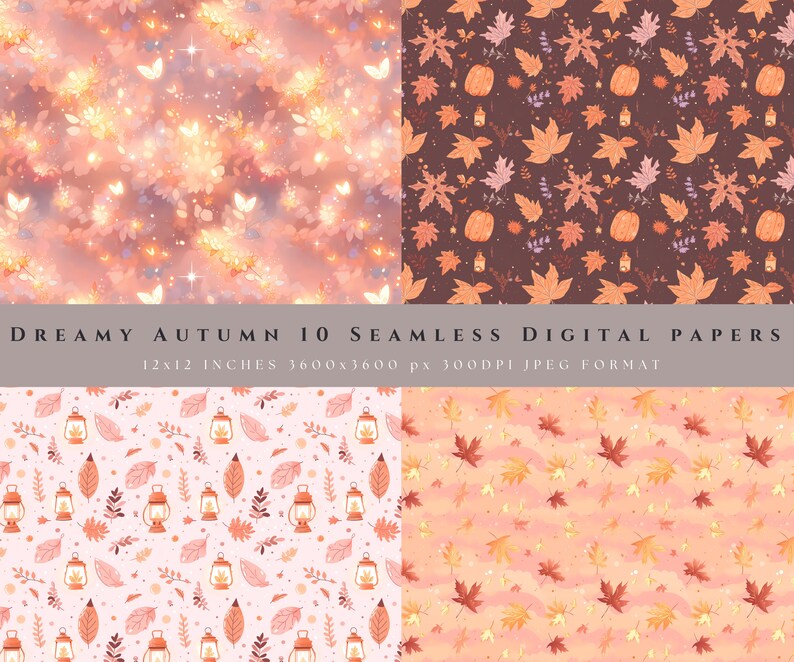 May include: A set of 10 digital papers featuring autumn-themed patterns. The patterns include glowing lights, butterflies, leaves, pumpkins, and lanterns. The papers are 12x12 inches and 300 DPI.