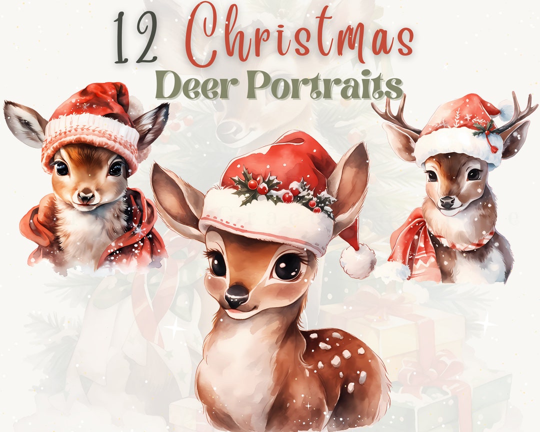 Watercolor Christmas Deer Portraits Clipart Bundle: Cute Deer in Winter ...