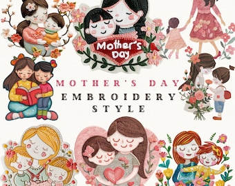 Embroidery Style Mother's Day Clipart, Mother and Child PNG,  Mothers Day Illustrations, Sublimation Design, Stickers, Mothers Day Gift Card