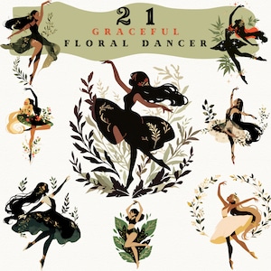 Stickers numériques danseurs florales gracieuses, clipart floral, tenue de journal, png mignon confortable, autocollant fantaisiste, transparent, silhouette de scrapbooking