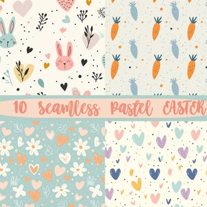 Easter Digital Papers, Spring Digital Papers, Pastel Doodle, Bunny, Hearts and Flowers, Cute Paper, Doodle Pattern, Commercial Use