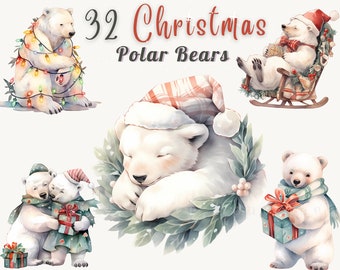 Puede incluir: Un conjunto de 32 ilustraciones de acuarela de osos polares navideños. Los osos se representan en varias poses, incluyendo el uso de gorros de Papá Noel, sosteniendo regalos y abrazándose. Las ilustraciones son perfectas para agregar un toque de alegría navideña a tus proyectos.