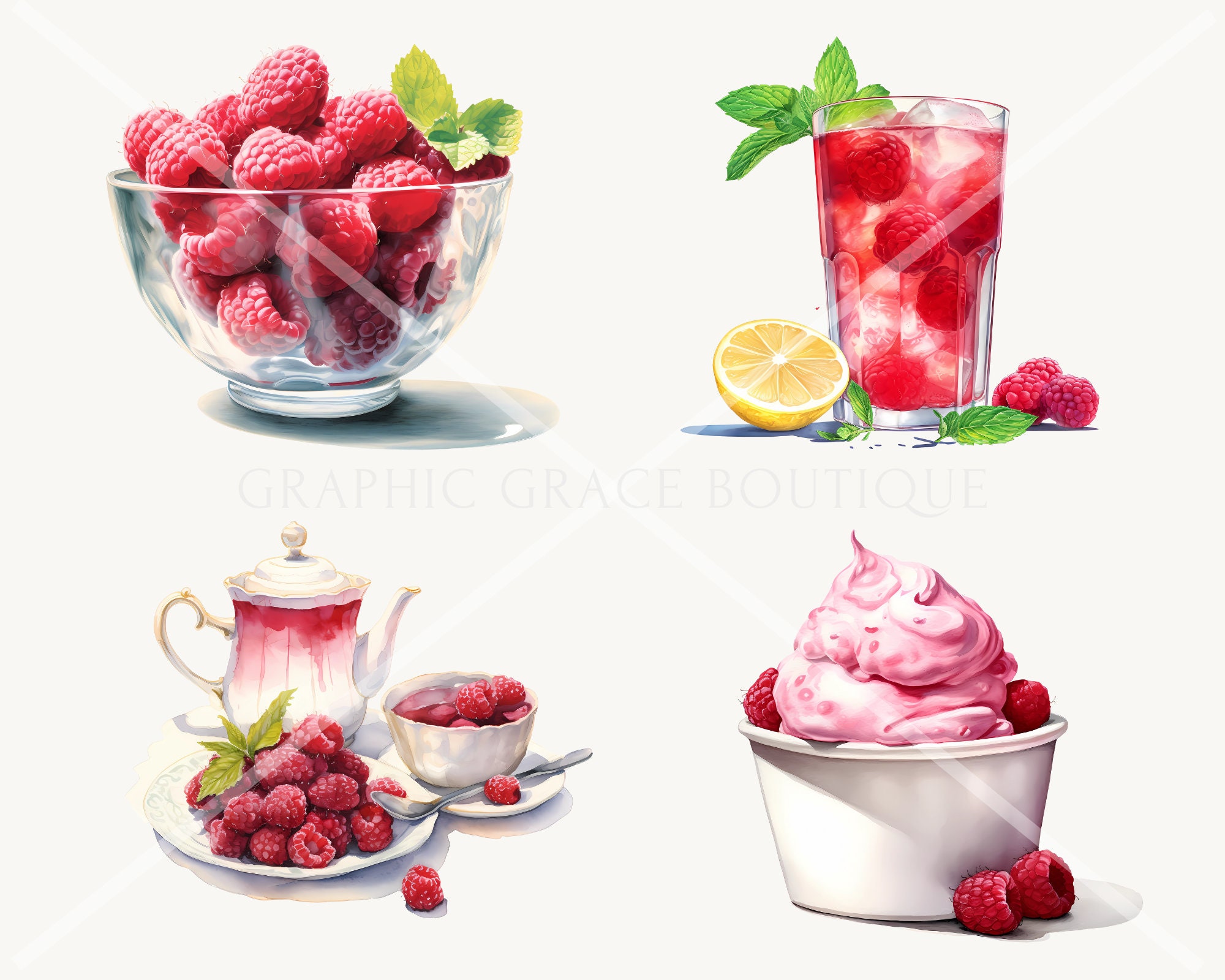 Premium Watercolor Raspberry Delights Clipart Digital PNG Raspberry ...