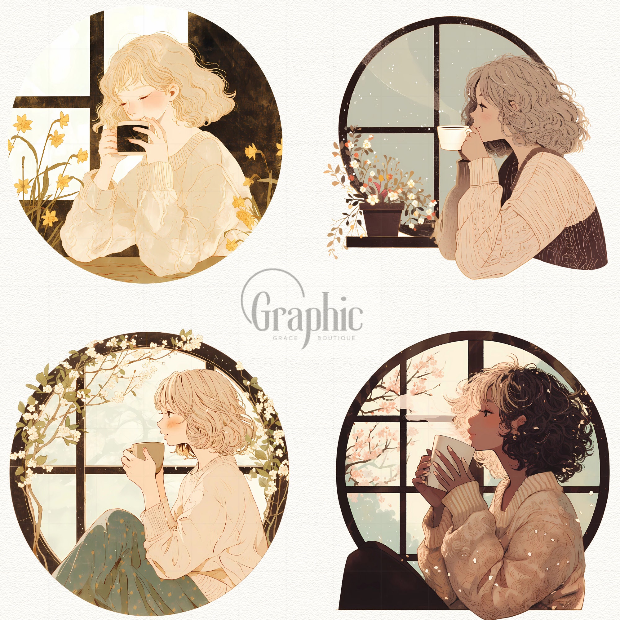 Cozy Spring Window Tales Girls Digital Stickers, Warm Drink Png ...
