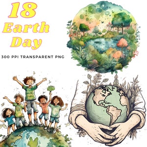 Earth Day ClipArt Bundle, Instant Download watercolor Digital PNG, Mother Nature, Ecology design