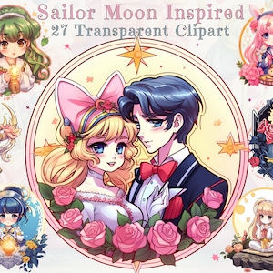 Sailor Moon Inspiriert Anime Clipart Bundle | Kawaii Chibi Charaktere, Smoking Maske, Sailor Venus, Sailor Mars | SVG & PNG Formate