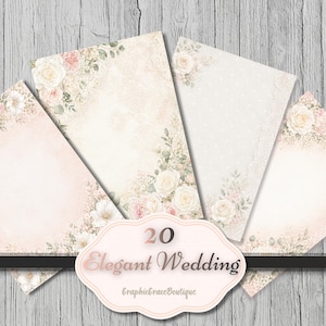 Puede incluir: Una colecci&oacute;n de cuatro papeles elegantes con tem&aacute;tica de boda. Cada papel presenta una paleta de colores pastel suaves con detalles florales y de encaje. Los papeles est&aacute;n adornados con rosas y vegetaci&oacute;n, con el texto "20 Elegant Wedding" en una etiqueta decorativa.