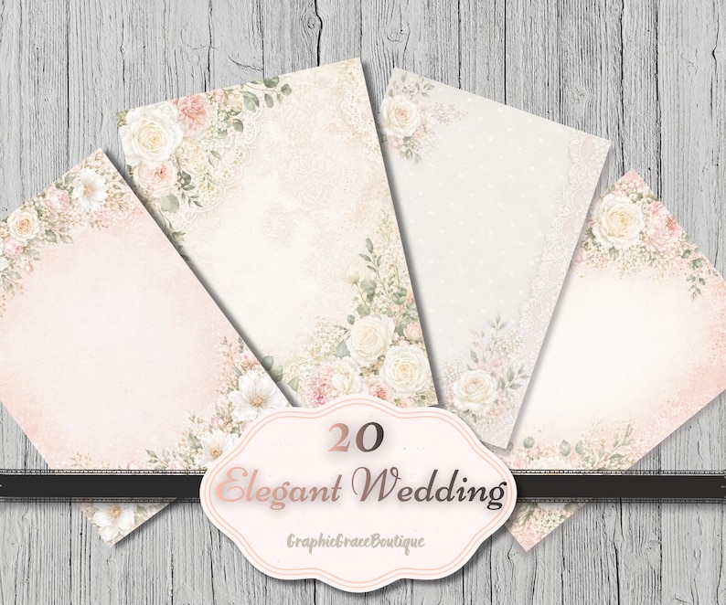 Puede incluir: Una colecci&oacute;n de cuatro papeles elegantes con tem&aacute;tica de boda. Cada papel presenta una paleta de colores pastel suaves con detalles florales y de encaje. Los papeles est&aacute;n adornados con rosas y vegetaci&oacute;n, con el texto "20 Elegant Wedding" en una etiqueta decorativa.