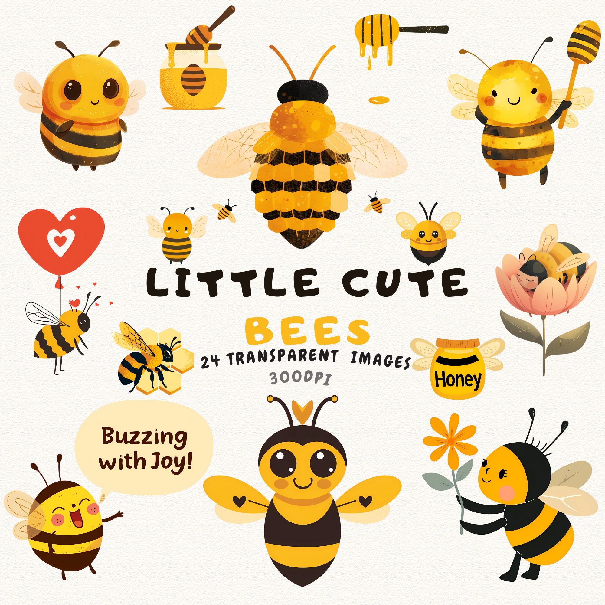 Cute Bee Clipart Bundle, Whimsical Honey Bee PNG SVG, Spring Nursery ...
