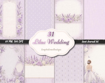 Kit de álbum de recortes para bodas en color lila, 31 páginas imprimibles tamaño A4, papel de scrapbooking floral lavanda, tarjetas de menú RSVP, descarga digital de efímeros para bodas.