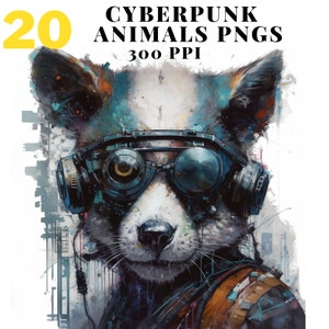 Watercolor Cyberpunk Animals Clipart, Futuristic Clipart bundle, Instant Download Printable, Cat, Dog, Panda, High quality