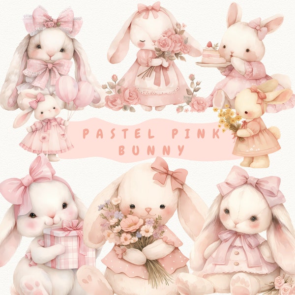 Clipart coniglietto rosa acquerello, coniglietto dell'asilo nido pastello, celebrazione della ragazza dell'acquazzone del bambino, palloncino coniglietto floreale carino, adesivo PNG con orecchie da coniglio pastello