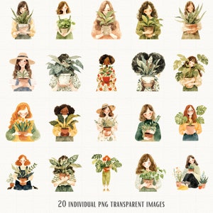 May include: 20 watercolor illustrations of women holding potted plants. Each woman is depicted with a different hairstyle, outfit, and plant. The illustrations are in a whimsical style and feature soft colors.