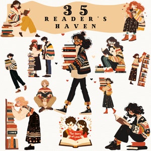 Bookworm Digital Sticker Clipart, Reader's Haven clip art png, clip art biblioteca, lettura clipart png, clipart amante del libro png, ragazza che legge
