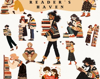 Bookworm Digital Sticker Clipart, Reader&#39;s Haven clip art png, library clip art, reading png clipart, book lover clipart png, girl reading