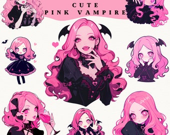 Cute Pink Vampire Girl digital stickers, Vampire clipart, journaling, adorable cute png, whimsical sticker, transparent, scrapbooking, anime