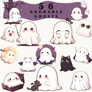 Adorable Ghost Clipart Bundle-halloween Pngs With Pumpkins, Witch Hats ...