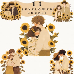 Pegatinas digitales de pareja de girasoles, imágenes prediseñadas de amor de acuarela, diario, png de girasol vintage, pegatina acogedora, transparente, álbum de recortes floral