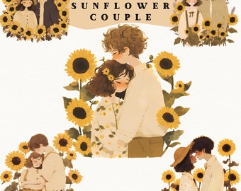 May include: A digital illustration of four couples standing in front of sunflowers. The couples are all holding each other and smiling. The sunflowers are yellow and green. The text "11 SUNFLOWER COUPLE" is at the top of the image.