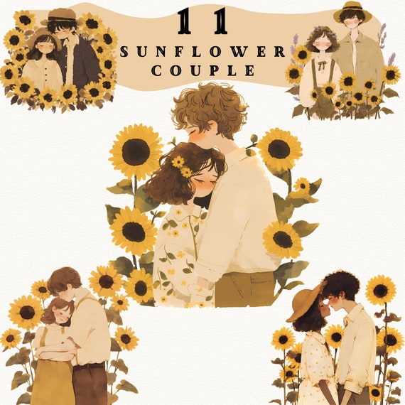 Sunflower Couple Clipart Bundle, Watercolor Romantic PNG, Boho Floral Lovers, Summer Wedding Scrapbook Download