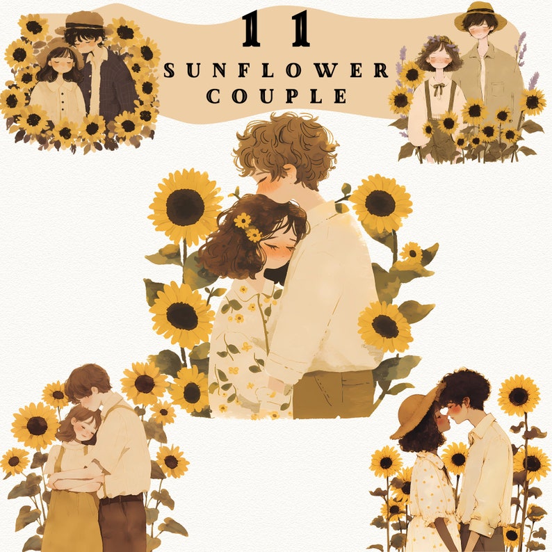 May include: A digital illustration of four couples standing in front of sunflowers. The couples are all holding each other and smiling. The sunflowers are yellow and green. The text "11 SUNFLOWER COUPLE" is at the top of the image.