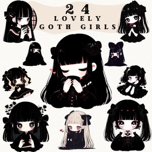 Lovely Goth Girls digital stickers, Gothic Aesthetic clipart, journaling, cozy cute png, whimsical sticker, transparent, scrapbooking, anime