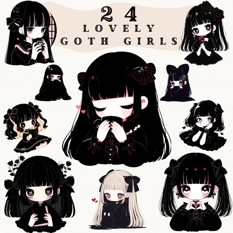 May include: 24 Lovely Goth Girls - A digital illustration featuring 24 cute goth girls with black hair, black clothing, and various accessories. The girls are in different poses and expressions.