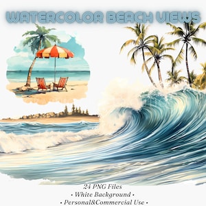 Watercolor Tropical Beach Clipart - Summer Beach Views, Waves, Sunset, Palm Trees PNG Images, Instant Download, commercial use