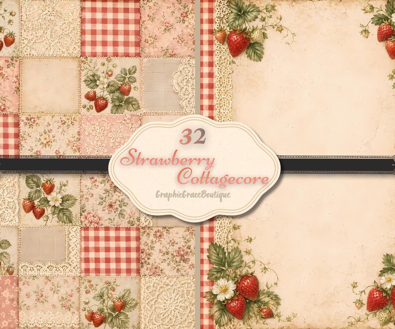 May include: A digital paper set with a strawberry cottagecore theme. The design features patchwork patterns with gingham, floral, and lace details. The image includes the text "32 Strawberry Cottagecore".