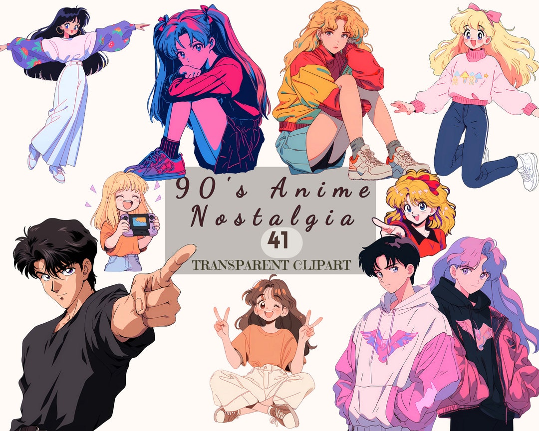 90年代アニメクリップアートバンドル：レトロマンガPNGグラフィック