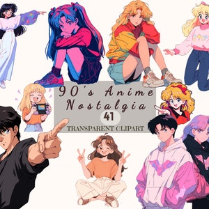 Retro 90's Anime & Manga Style Clipart Bundle - 41 High-Resolution PNG, Vintage Japanese Pop Culture, Commercial Use, Transparent Background
